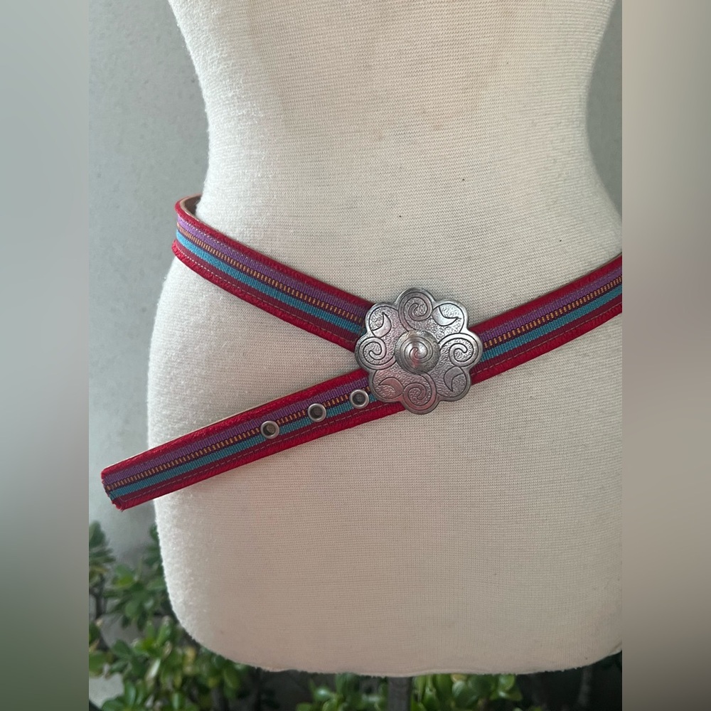 Leatherock Southwestern stripes fabric leather belt silver buckle fits 32” - 36”